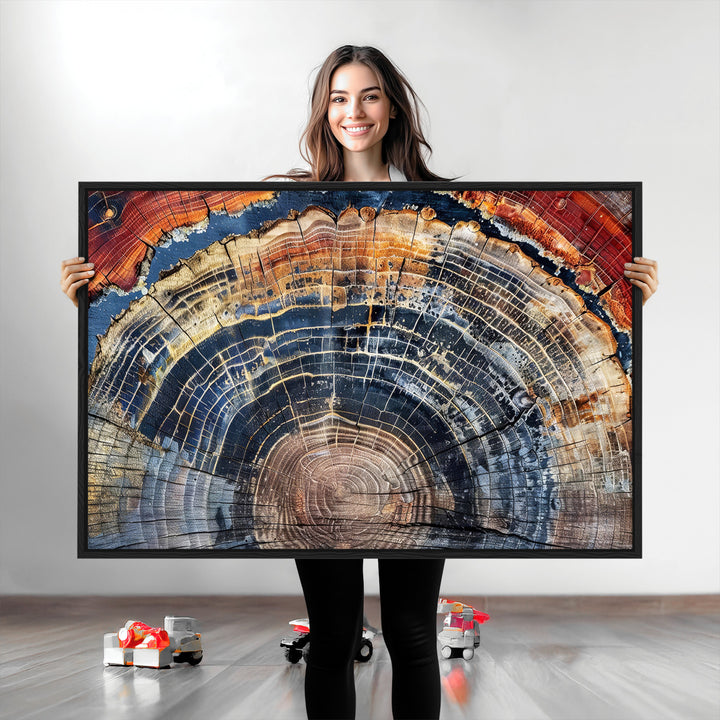 Tree Rings Canvas Wall Art Print, Framed Wood Texture Art Picture Print, Petrified Wood Perfect Modern Rustic Decor Artwork