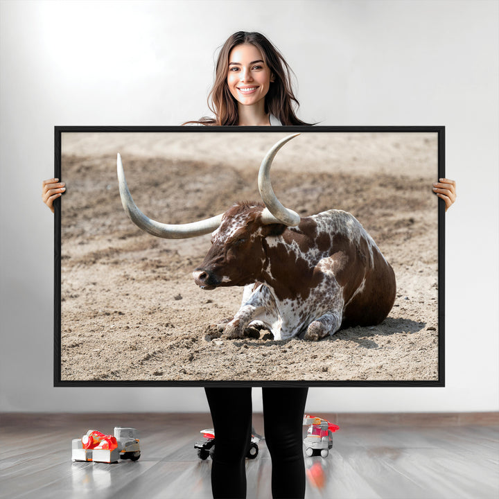 Texas Longhorn Wall Art Canvas Print, Framed Country Living Art Picture Print, Farmhouse Perfect Western Decor Artwork