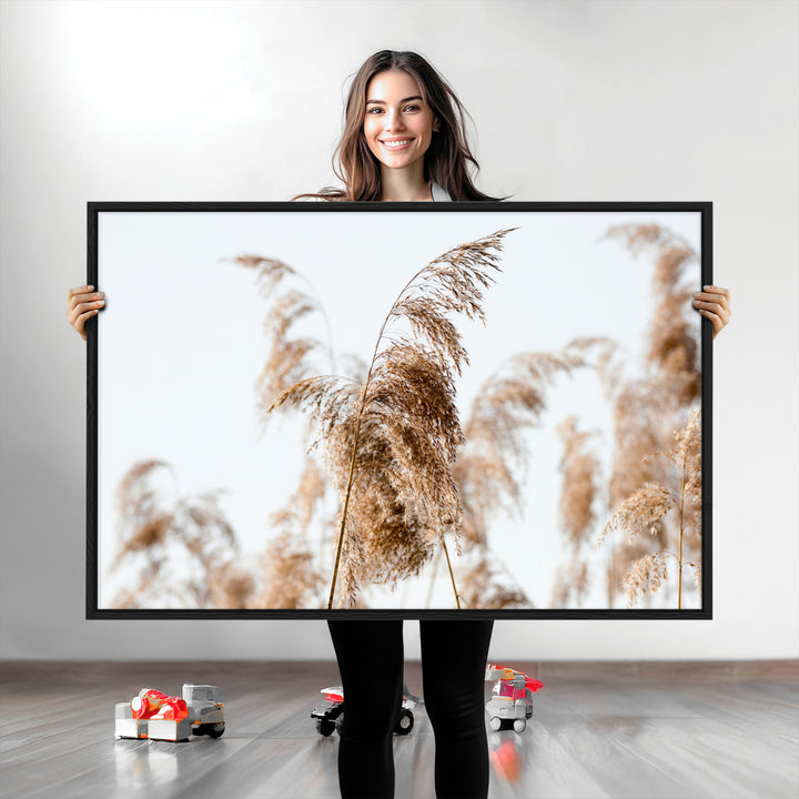 Pampas Grass Wall Art Canvas Print, Framed Neutral Tones Art Picture Print, Minimalist Nature Perfect Boho Decor Artwork