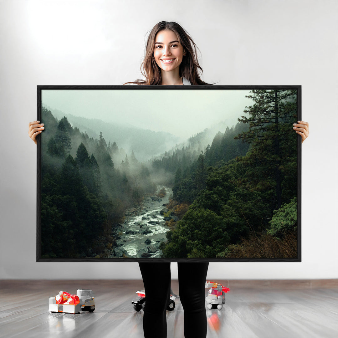 Misty Forest Wall Art Canvas Print, Framed Foggy River Art Picture Print, Moody Landscape Perfect Wilderness Decor Artwork