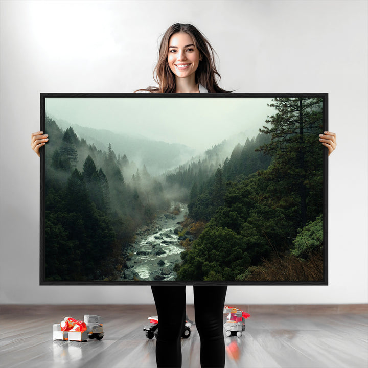 Misty Forest Wall Art Canvas Print, Framed Foggy River Art Picture Print, Moody Landscape Perfect Wilderness Decor Artwork
