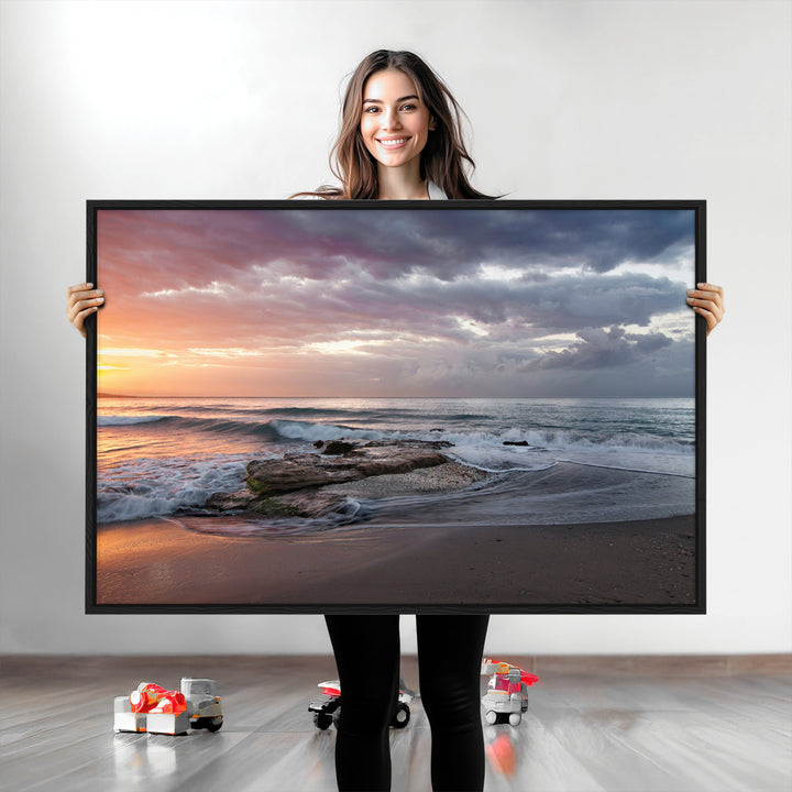 Golden Hour Wall Art Canvas Print, Framed Tranquil Waves Art Picture Print, Beach Perfect Coastal Serenity Decor Artwork