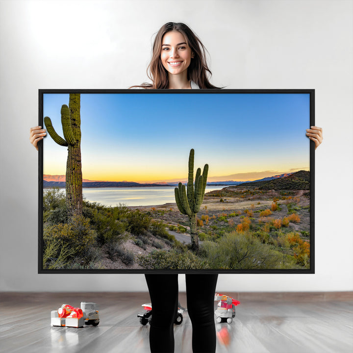 Saguaro Cactus Wall Art Canvas Print, Framed Desert Sunset Art Picture Print, Southwestern Perfect Southwestern Decor Artwork