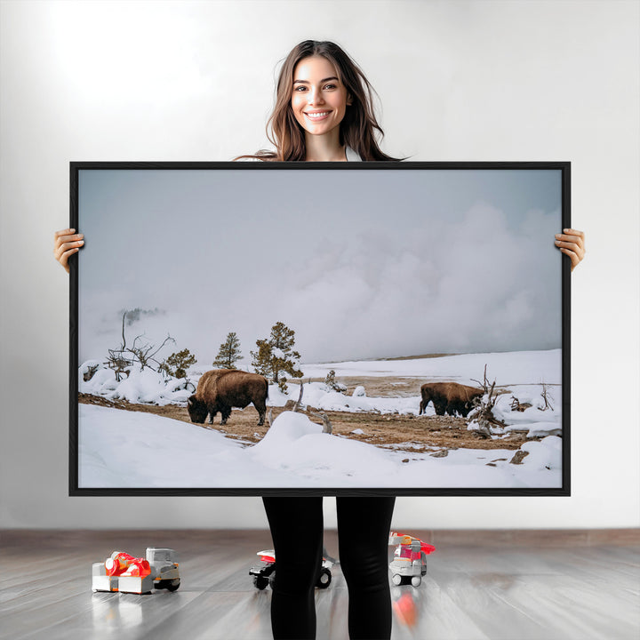 Bison Wildlife Wall Art Canvas Print, Framed Snowy Prairie Art Picture Print, Western Perfect Rustic Decor Artwork
