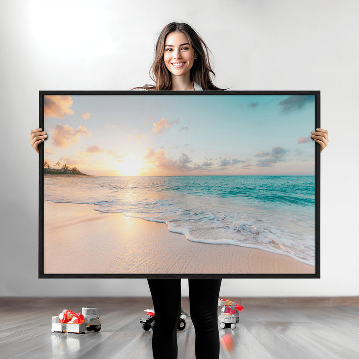 Beach Sunset Wall Art Canvas Print, Framed Ocean Waves Art Picture Print, Summer Escape Perfect Coastal Decor Artwork