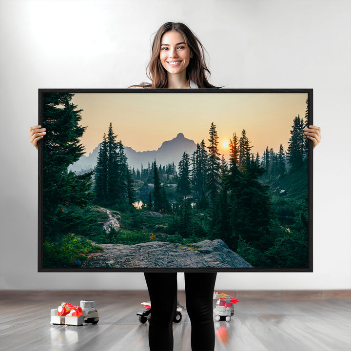 Mountain Wall Art Canvas Print, Framed Forest Serenity Art Picture Print, Mountain Perfect Rustic Decor Artwork