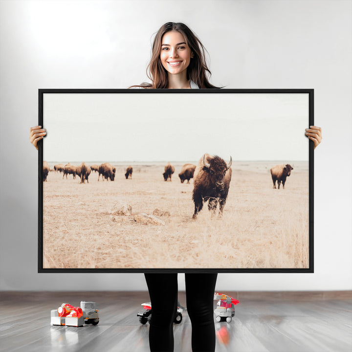 Bison Herd Wall Art Canvas Print, Framed Western Art Picture Print, Prairie Serenity Perfect Ranch Decor Artwork