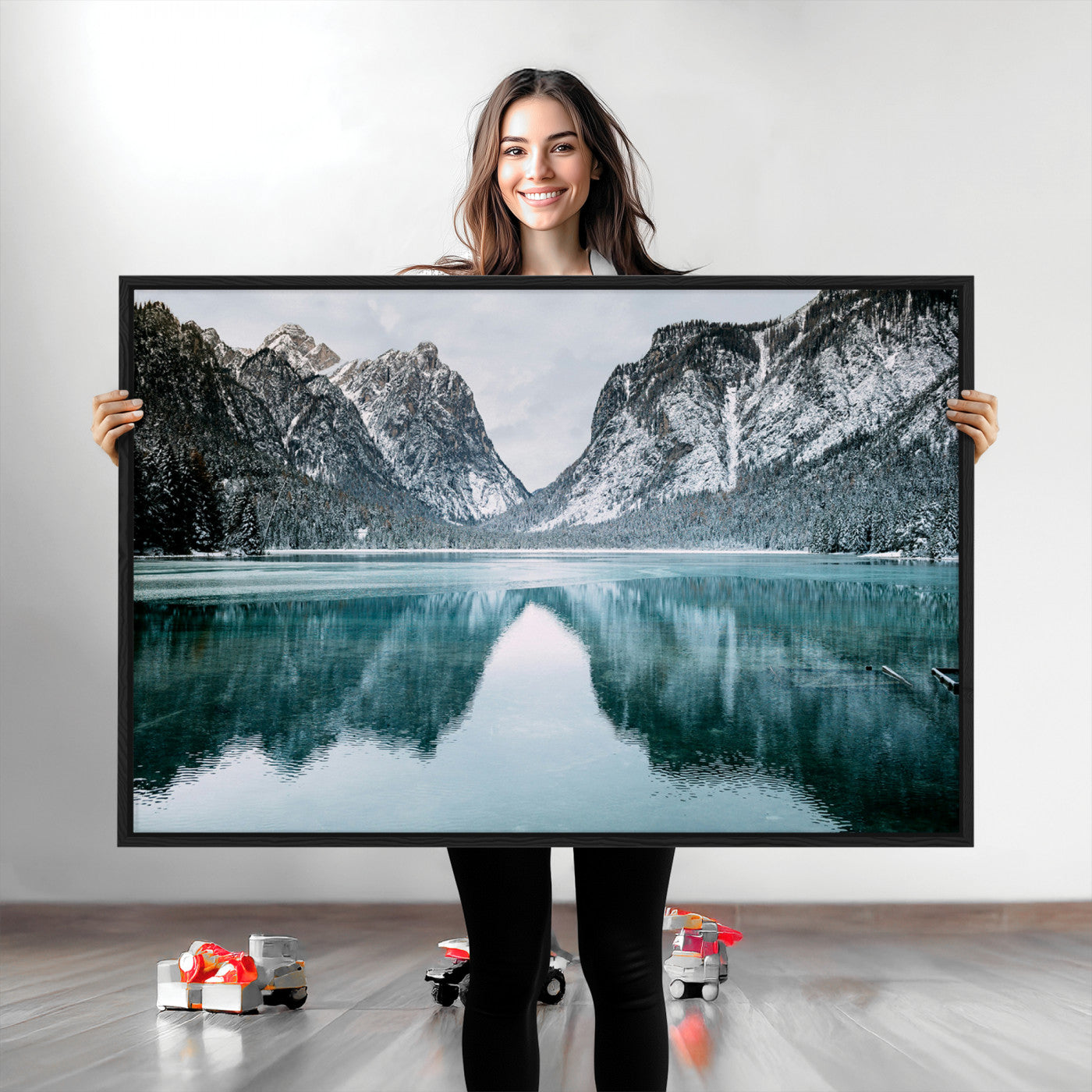 Mountain Lake Wall Art Canvas Print, Framed Wonderland Art Picture Print, Snowy Peaks Perfect Nature Decor Artwork