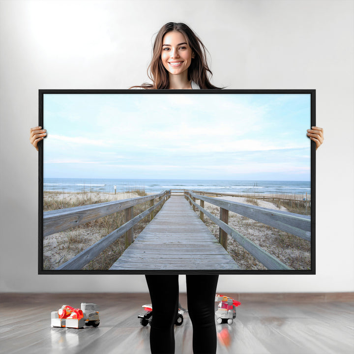 Beach Boardwalk Wall Art Canvas Print, Framed Coastal Serenity Art Picture Print, Ocean View Perfect Coastal Decor Artwork