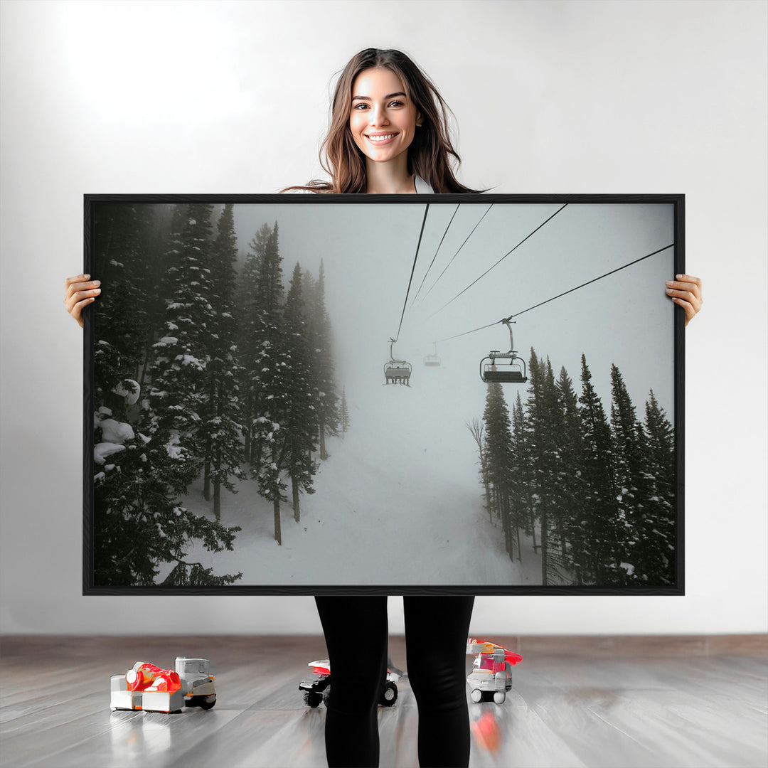 Ski Lift Wall Art Canvas Print, Framed Snowy Pines Art Picture Print, Misty Landscape Perfect Winter Serenity Decor Artwork