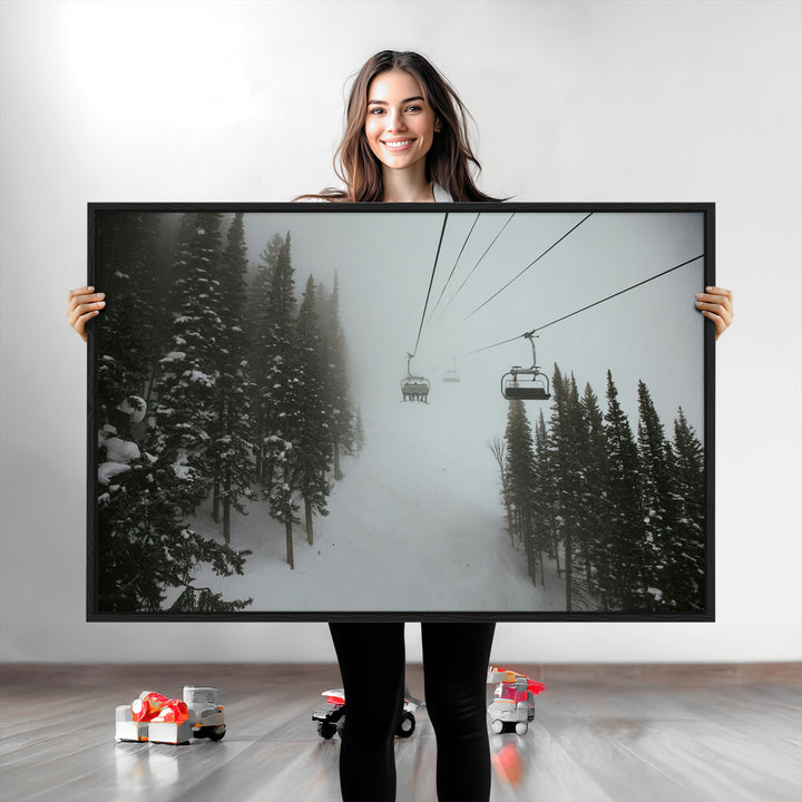 Ski Lift Wall Art Canvas Print, Framed Snowy Pines Art Picture Print, Misty Landscape Perfect Winter Serenity Decor Artwork