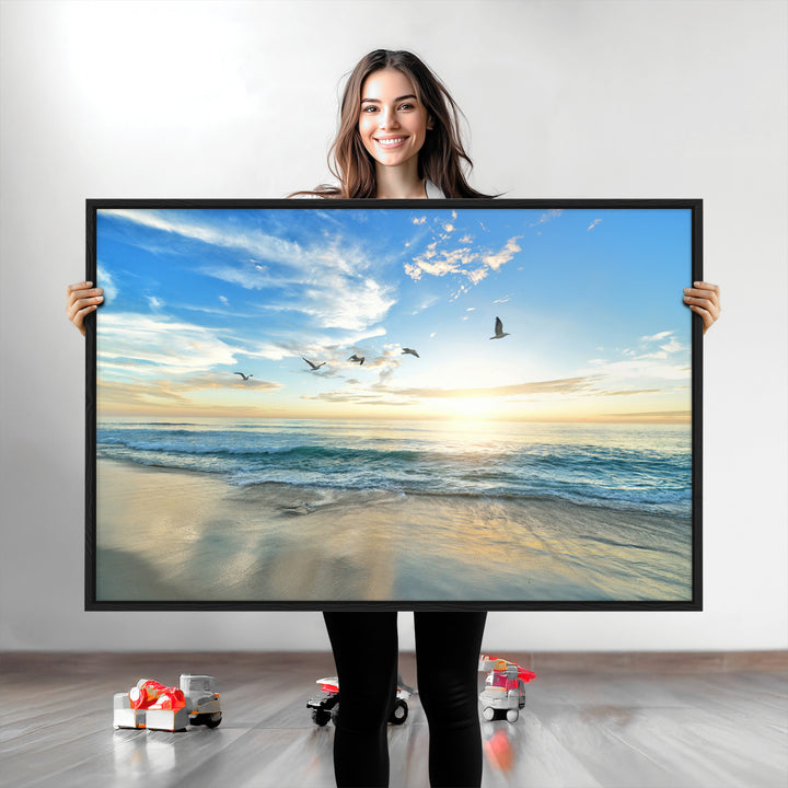 Minimalist Seaside Morning Glow Art Canvas Print, Golden Reflections Perfect Coastal Minimalist Decor Artwork