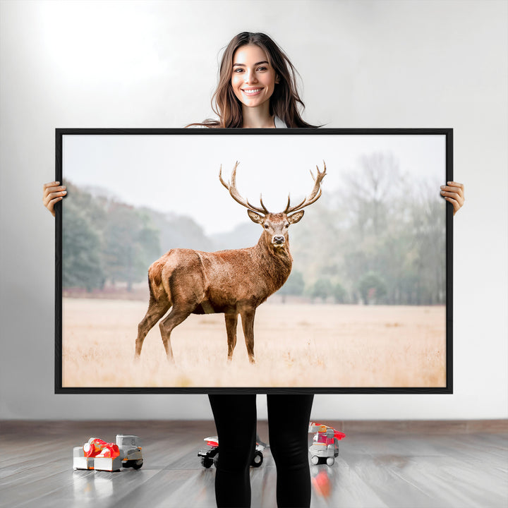 Vintage Wildlife Canvas Print, Framed Misty Landscape Art Picture Print, Deer Wall Art Perfect Rustic Wildlife Decor Artwork