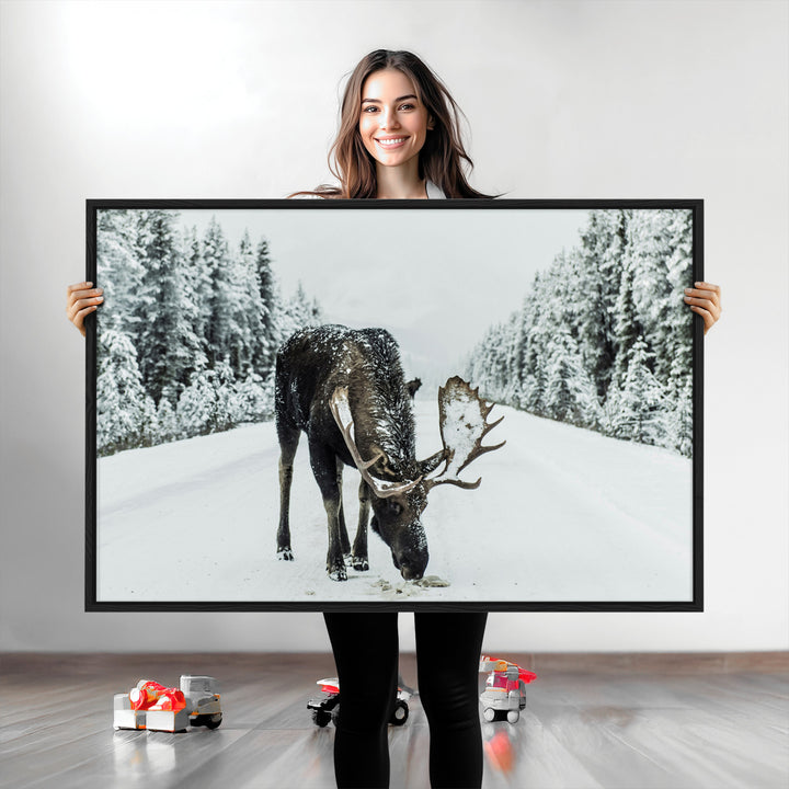 Moose in Snow Wall Art Canvas Print, Framed Winter Wildlife Art Picture Print, Snowy Forest Scene Perfect Rustic Lodge Decor Artwork