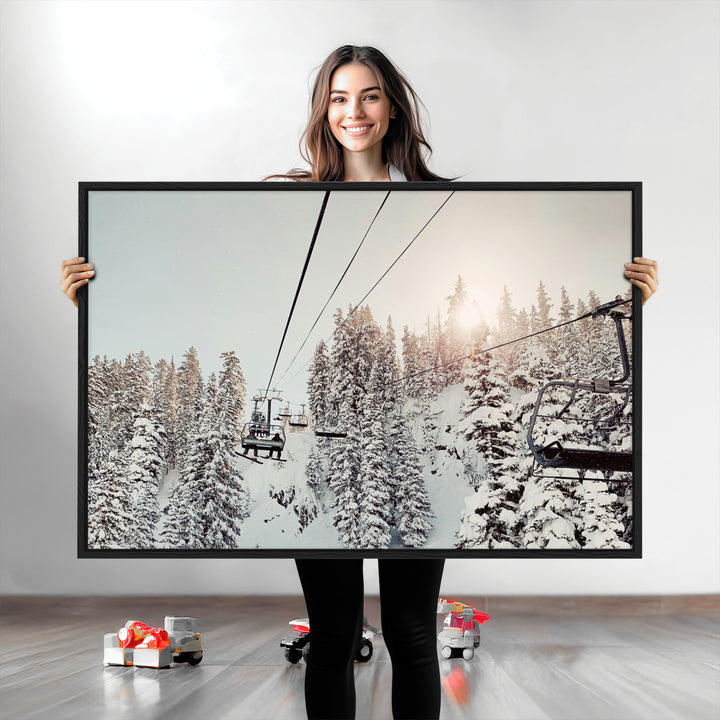 Frosty Pines Wall Art Canvas Print, Framed Cozy Cabin View Art Picture Print, Ski Lift Ride Perfect Rustic Lodge Decor Artwork