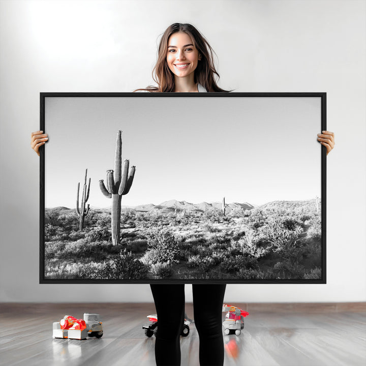 Saguaro Cactus Canvas Print Wall Art , Monochrome Landscape Print, Framed Scenic Arizona Art Print, Large Timeless Western Aesthetic