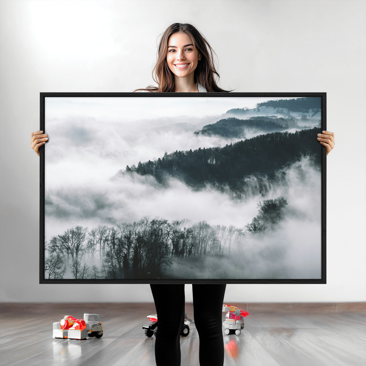 67569654-MGV-CV-36X24-Foggy Forest Landscape Wall Art Canvas Print – Misty Mountain Valley Scene in Monochrome Tones, Perfect for Minimalist or Nordic Home Decor