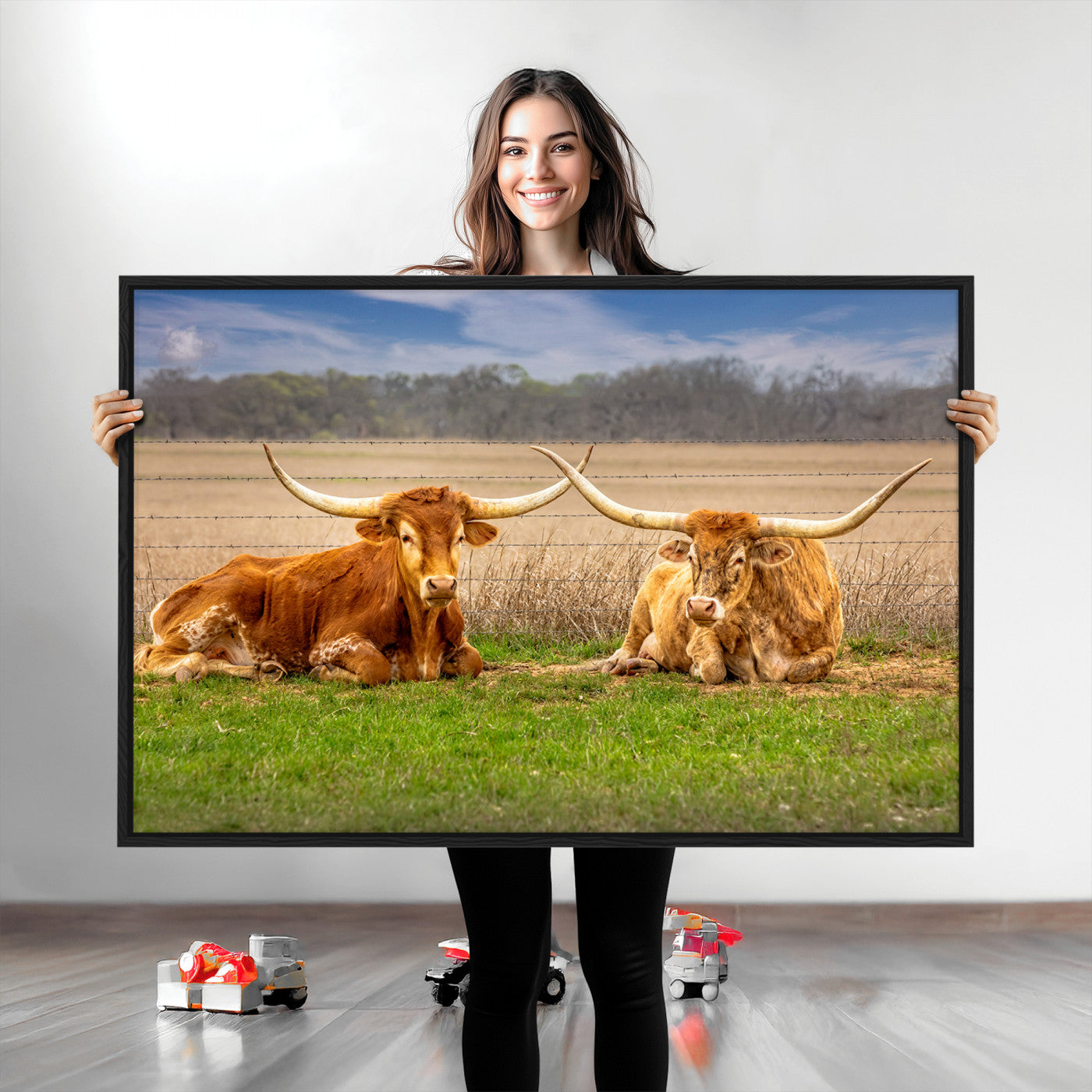 54598515-MGV-CV-36X24-Texas Longhorn Pair Wall Art Canvas Print – Peaceful Rustic Ranch Scene with Two Cattle in Field, Perfect for Western Farmhouse Home Decor