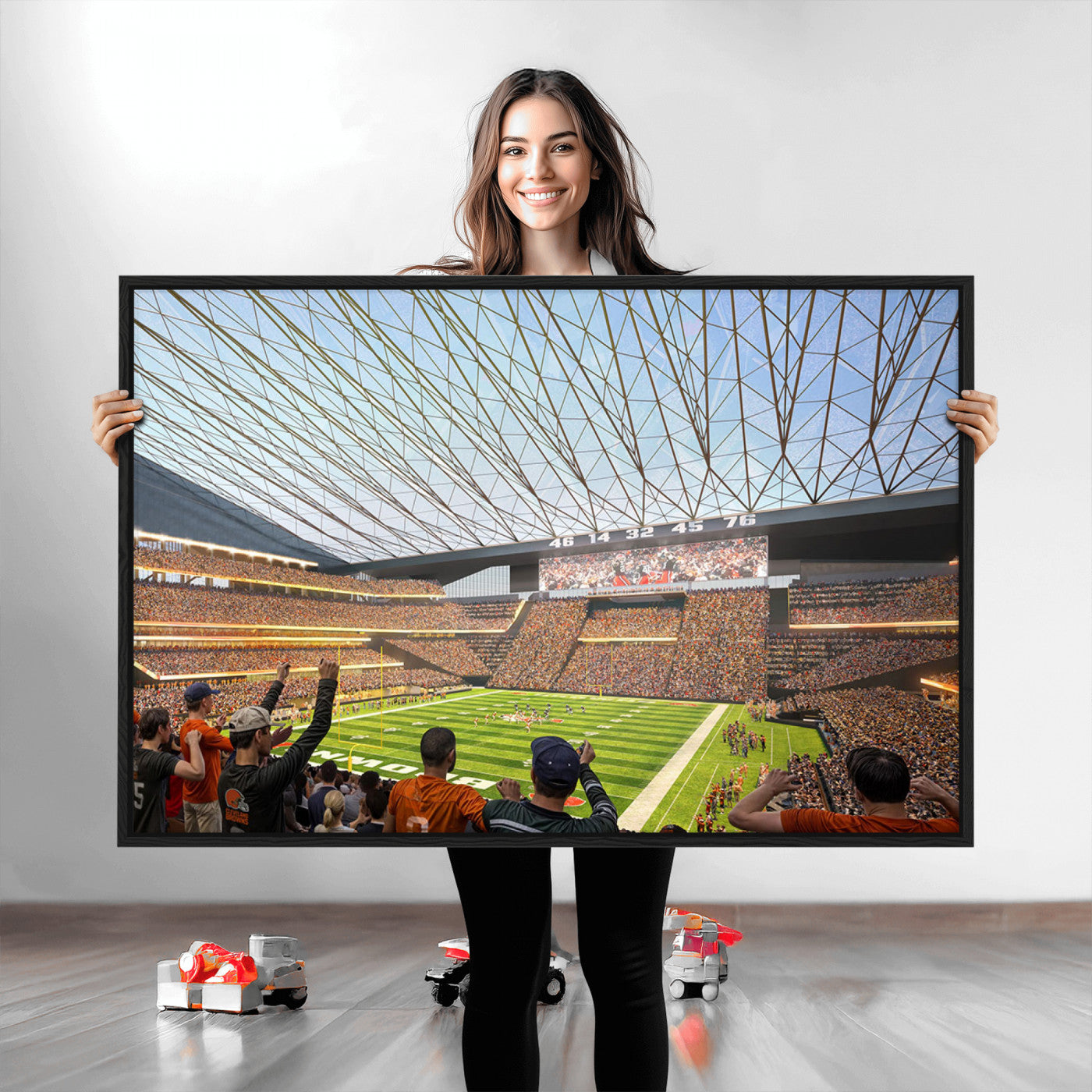 81960112-MGV-CV-36X24-Cleveland Browns Stadium Wall Art Canvas Print – Framed Football Artwork Featuring Cleveland Skyline and Browns Stadium, Perfect for Man Cave or Game Room Decor