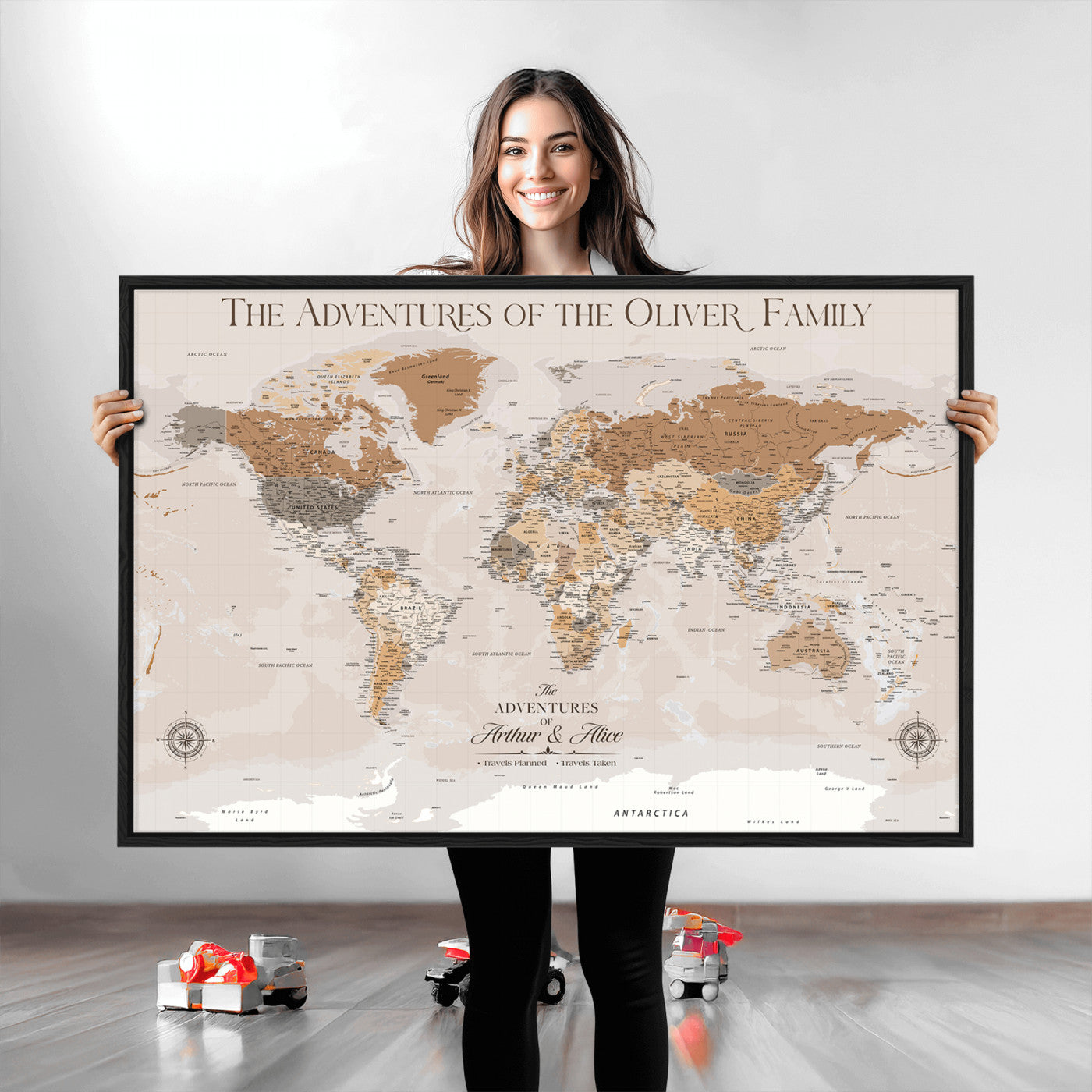 43101120-MGV-CV-36X24-World Travel Map with Pins – Push Pin Maps of Where I've Been, Framed Wall Map for Travel Memories, Old Style Decorative World Map - H10