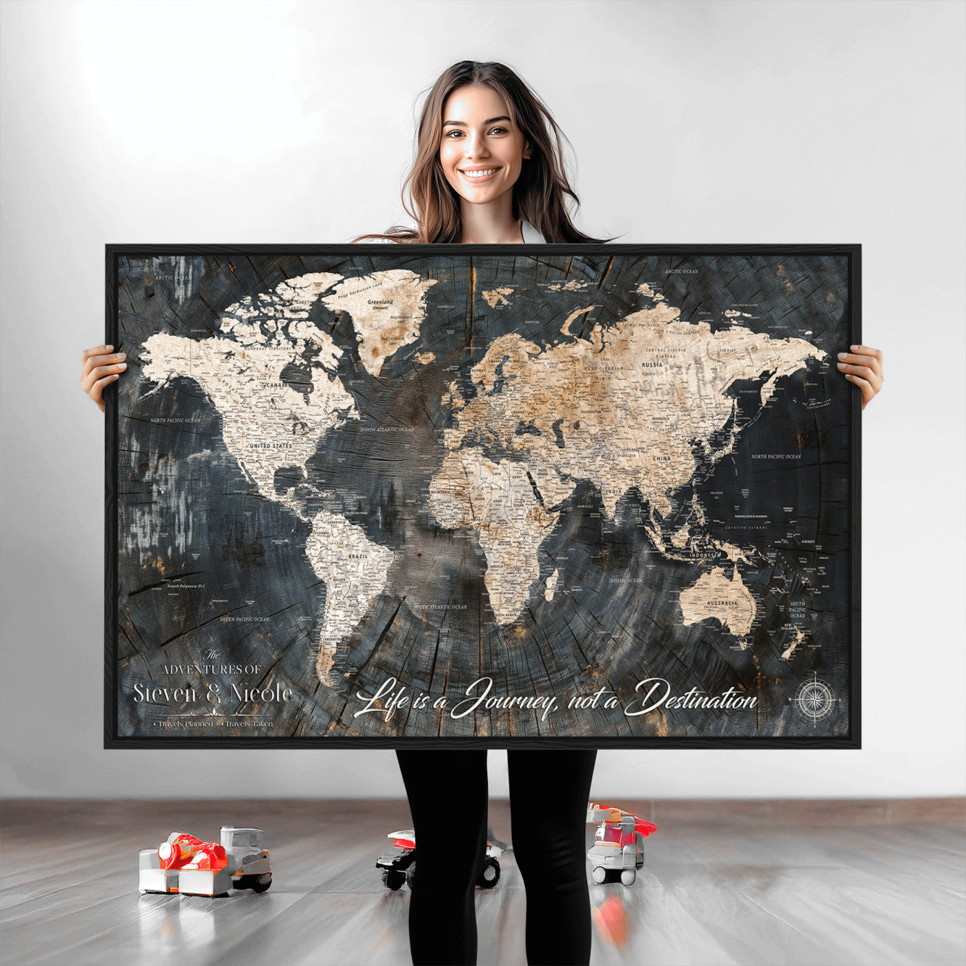 13001721-MGV-CV-36X24-Custom Push Pin World Map Wall Canvas Print – Personalized Travel Tracker with Pins – Framed Large Multi-Size Canvas for Home Office Decor