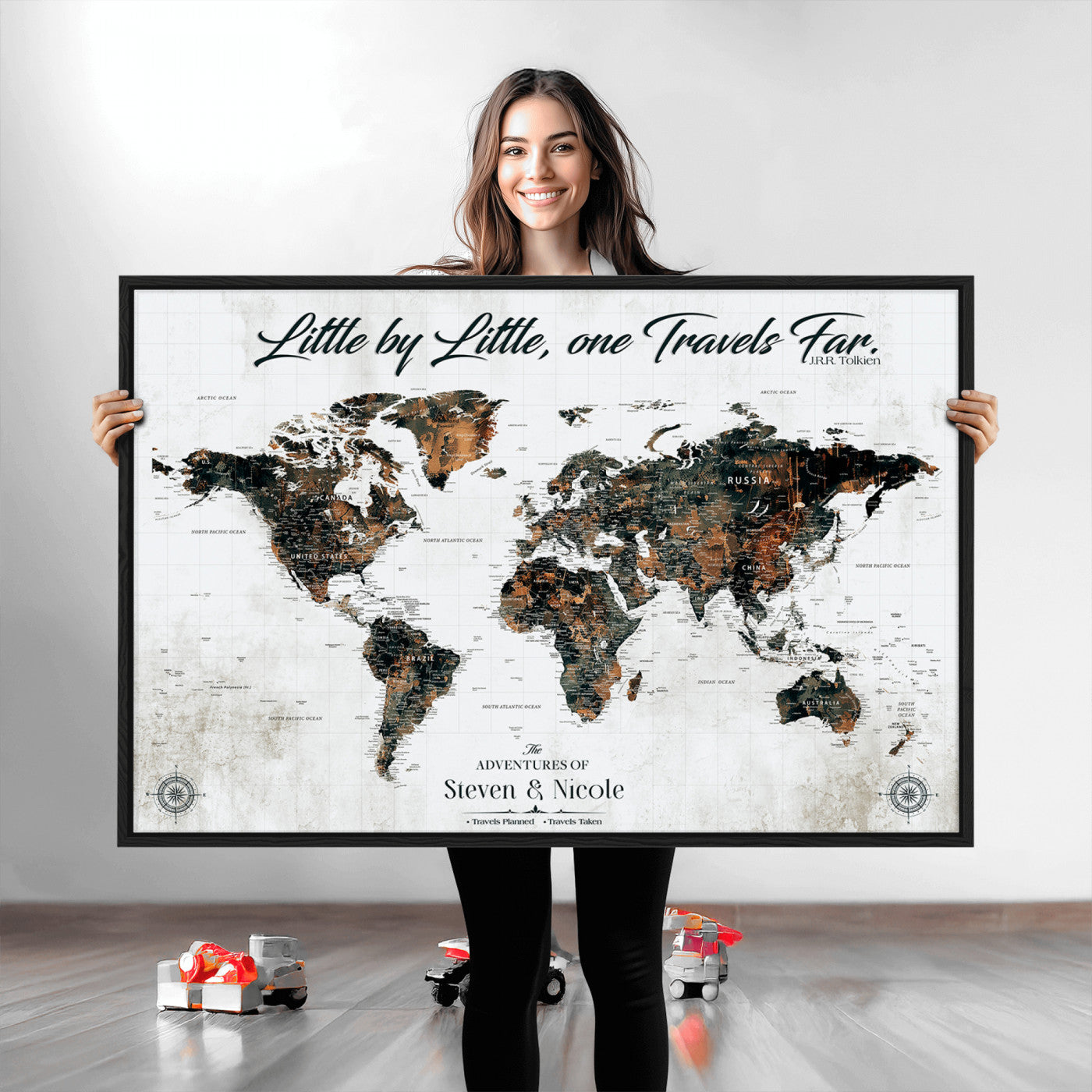 89231588-MGV-CV-36X24-Custom Push Pin World Map Wall Canvas Print – Personalized Travel Tracker with Pins – Framed Large Multi-Size Canvas for Home Office Decor