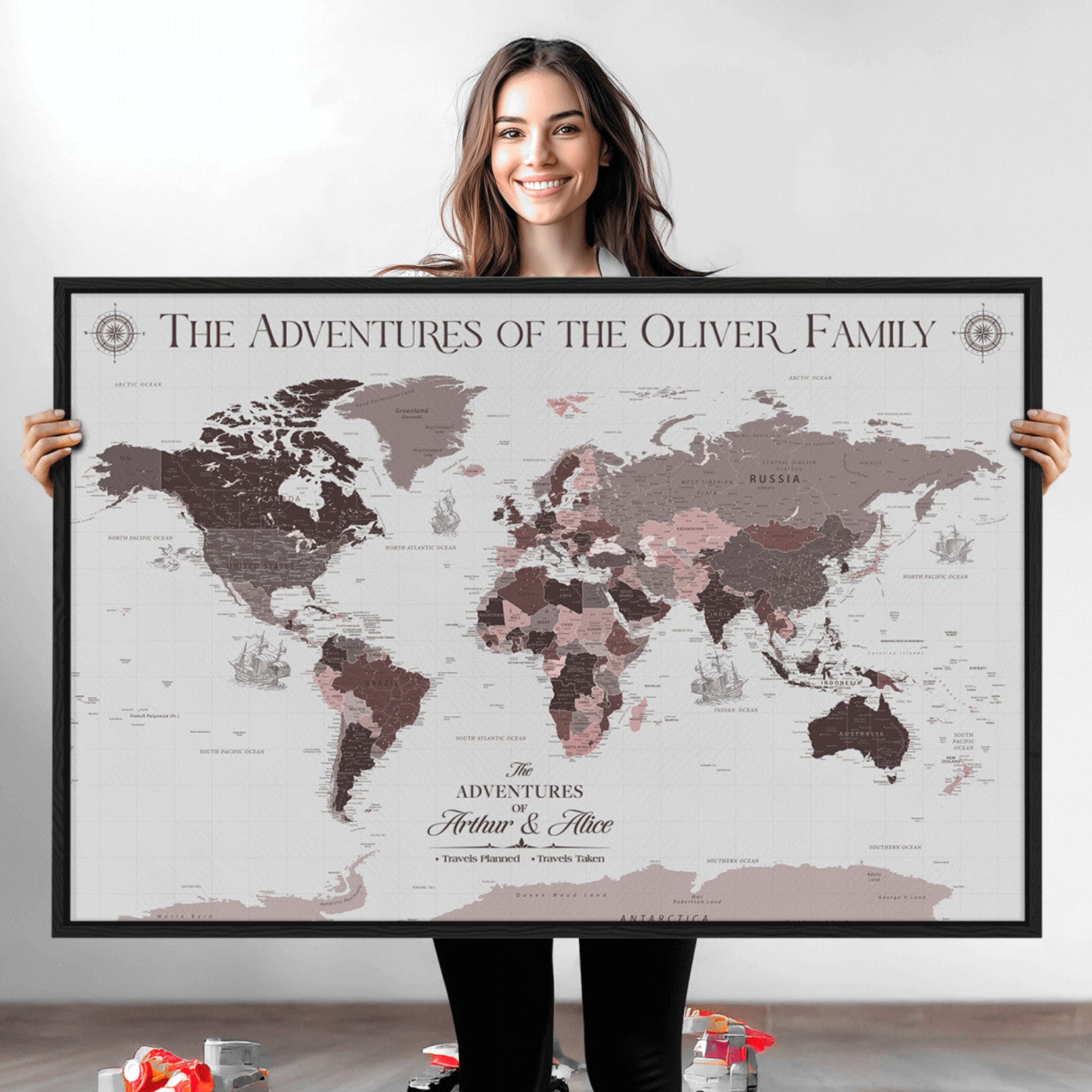 -Personalized Family Travel Map Canvas – Custom Framed Push Pin World Map, Unique Adventure Tracker Wall Art for Home, Office