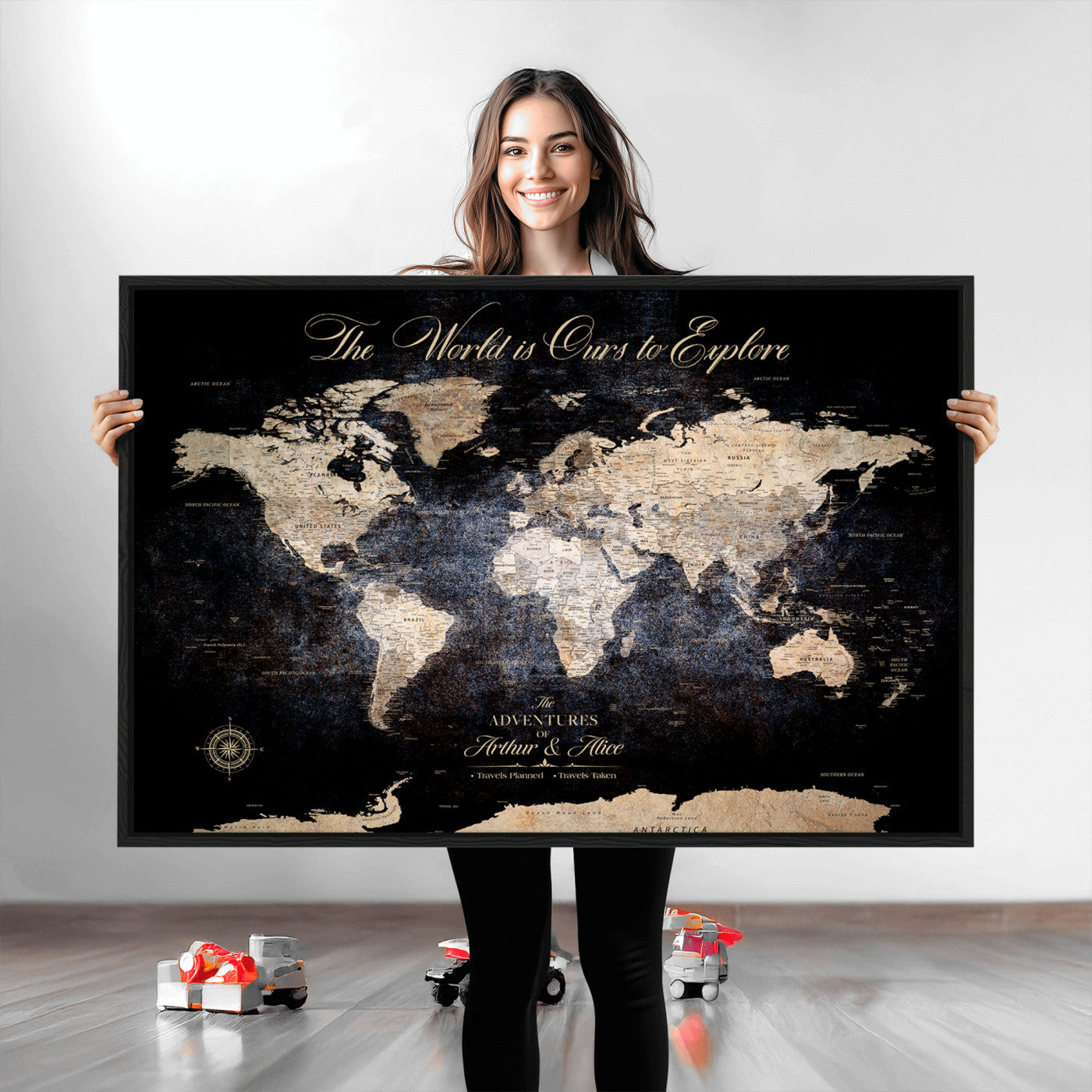 21010471-MGV-CV-36X24-Customize Push Pin World Map Wall Canvas Print, Personalized Travel Tracker with Pins, Framed Large Canvas for Home Office Decor - H37