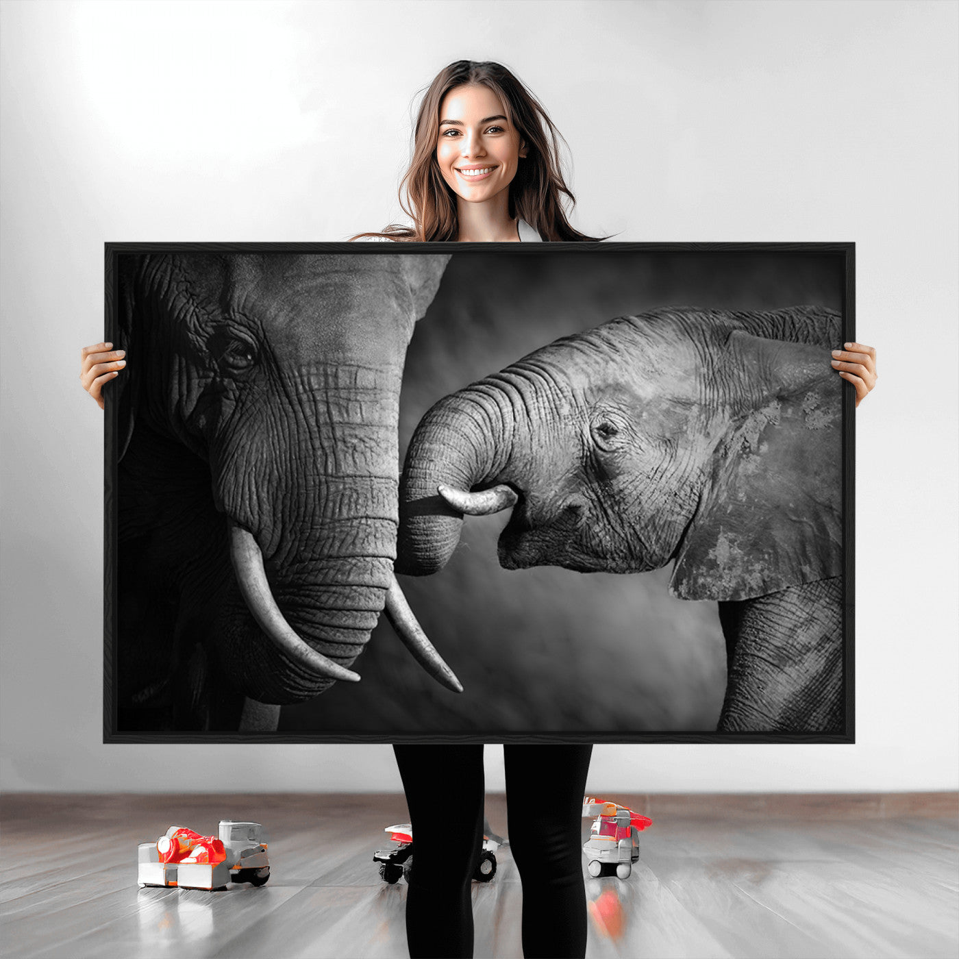 42691-MGV-CV-36X24-Elephant Family Wall Art Canvas, Framed Elephant Family Canvas Print