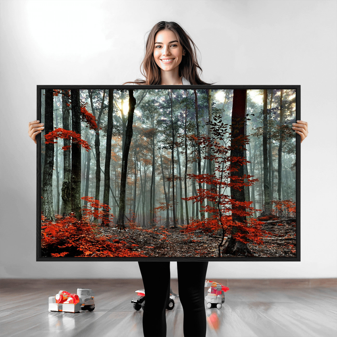 59209-MGV-CV-36X24-Autumn Forest Canvas Wall Art – Enchanting Red Leaves Triptych Print – Nature-Inspired Decor for Living Room or Office – Ready to Hang