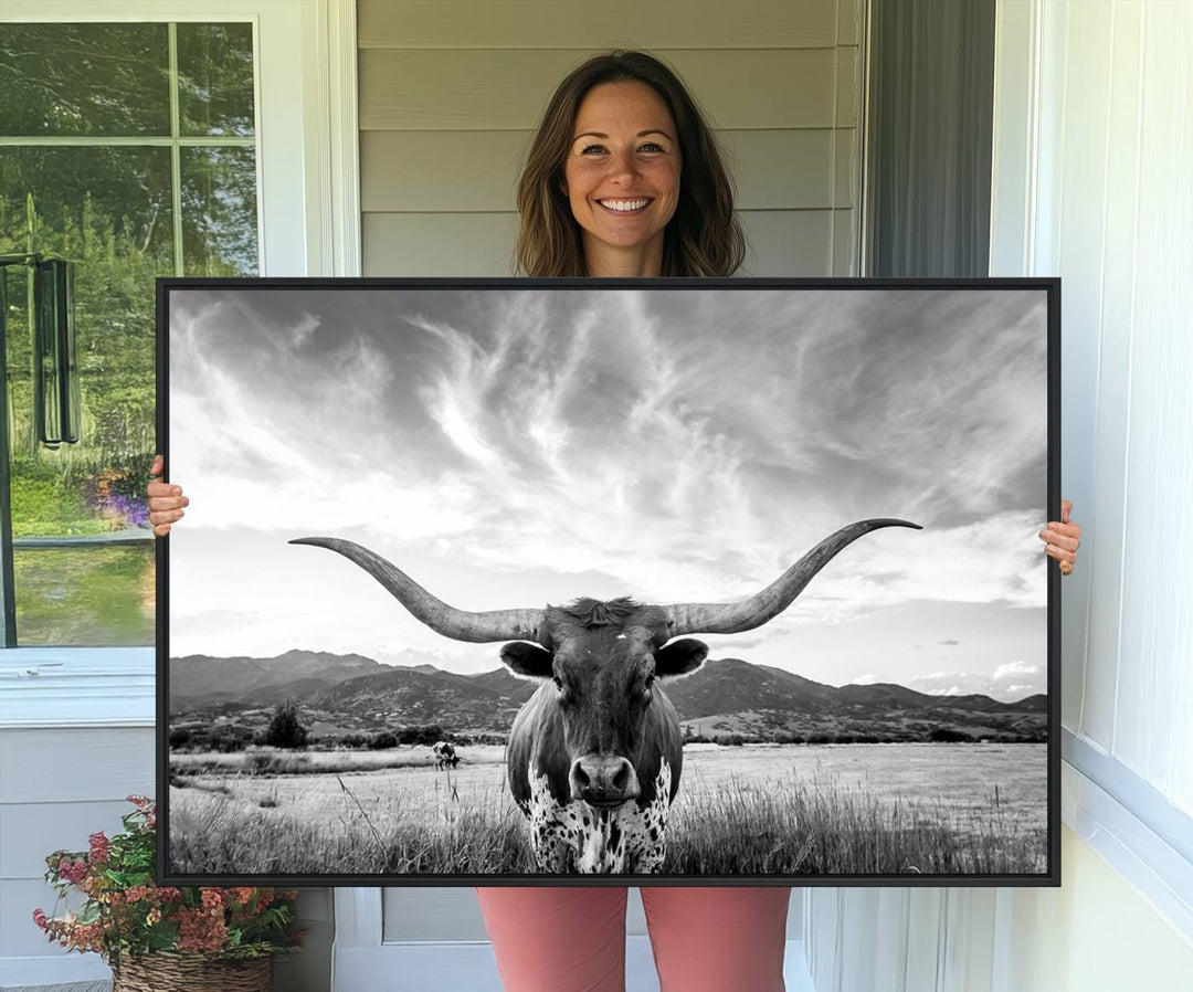 Modern living room featuring Longhorn Cow Wall Art Canvas Print.