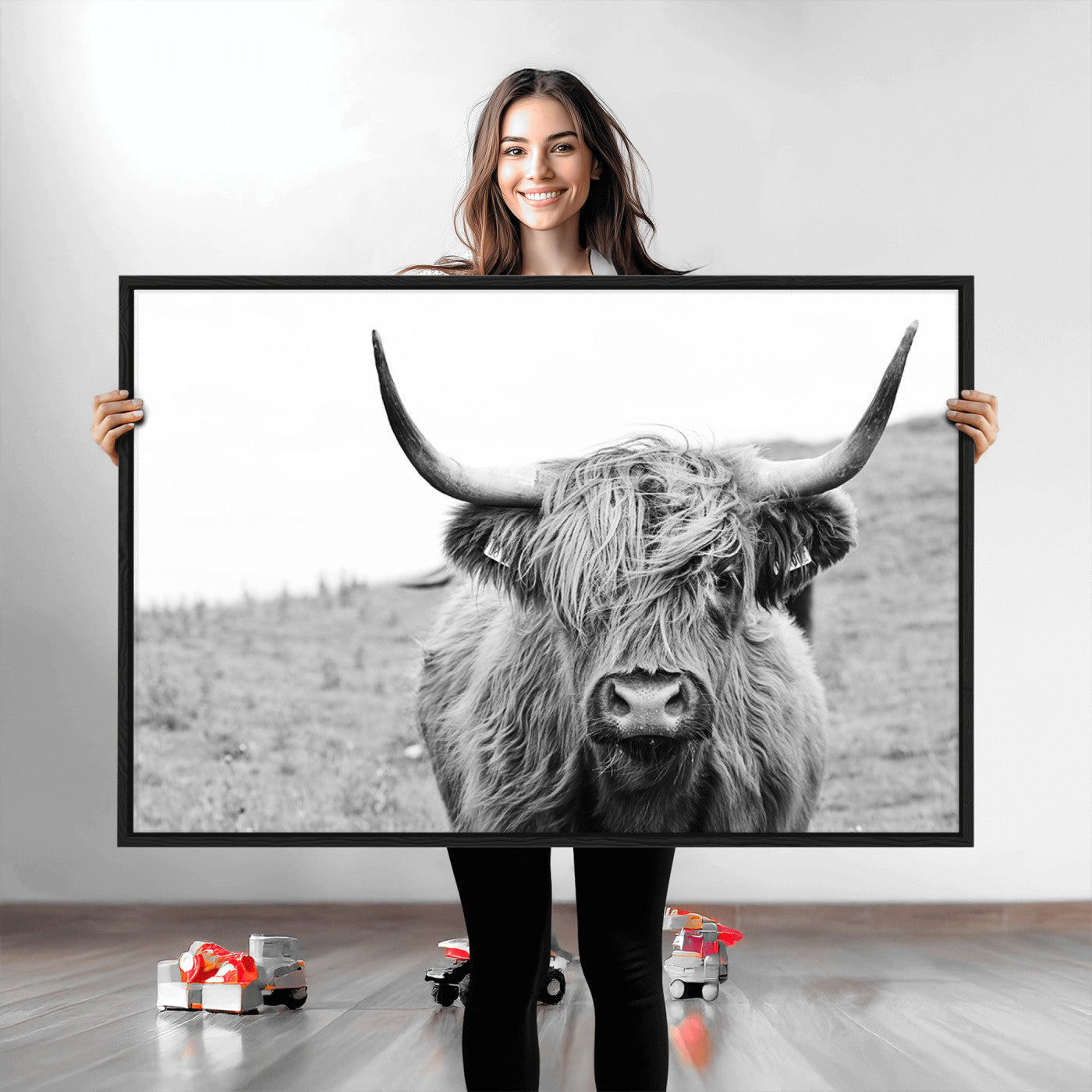 16248-MGV-CV-36X24-Newfoundland Cow Art Wall Art, Black White Cow Art Wall Art Canvas Print