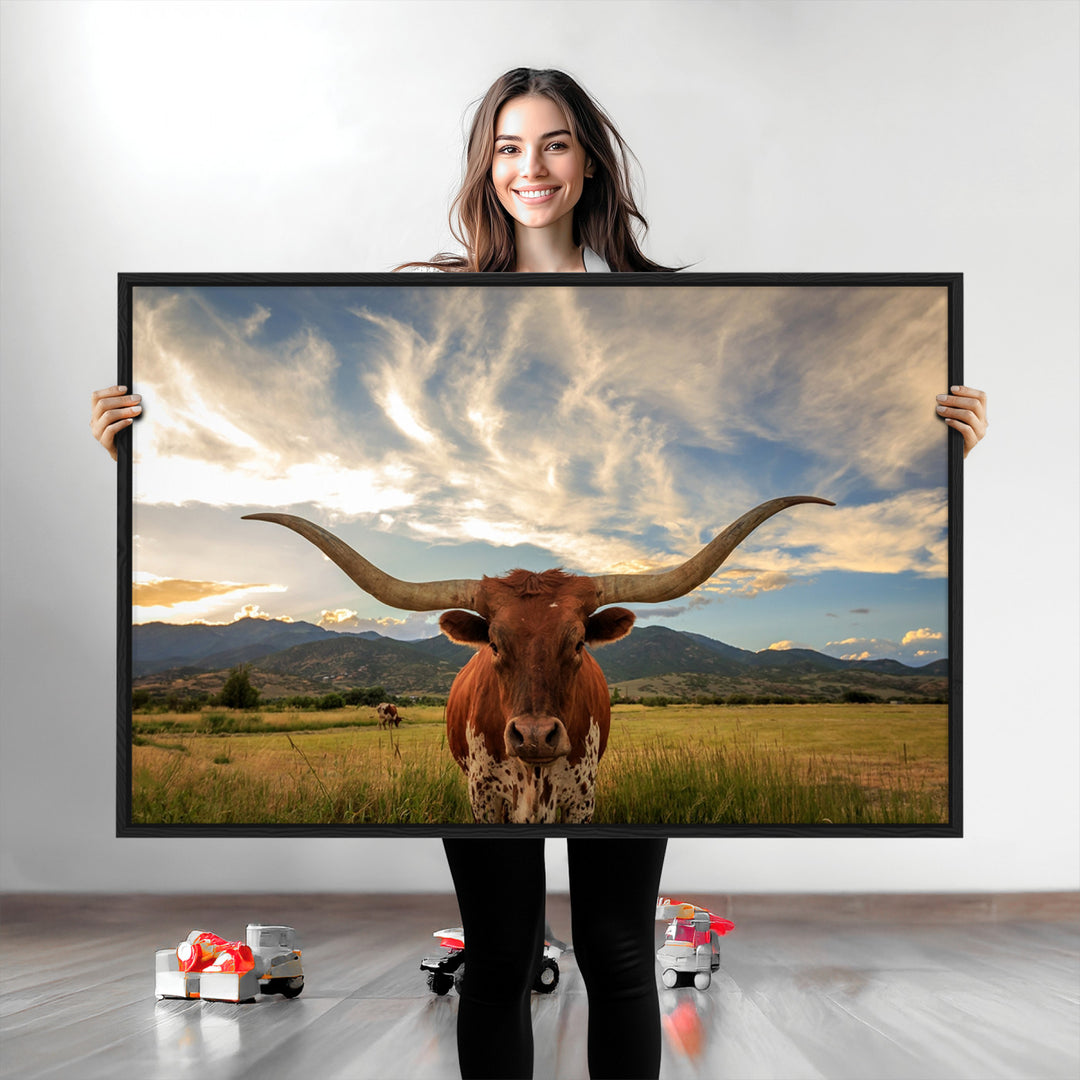 Texas Longhorn Canvas Wall Art – Majestic Triptych Animal Print – Rustic Western Decor for Living Room or Office – Ready to Hang