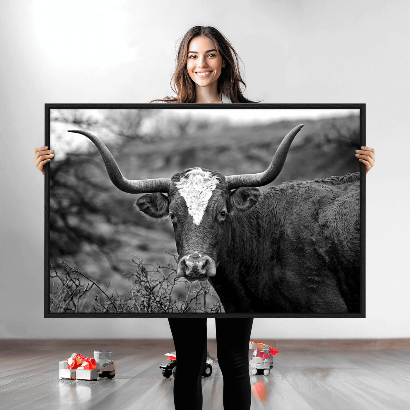 76200-MGV-CV-36X24-Western Home Wall Art Canvas Print, Framed Texas Longhorn Art Picture Print, Rustic Cow Perfect Rustic Farmhouse Decor Artwork