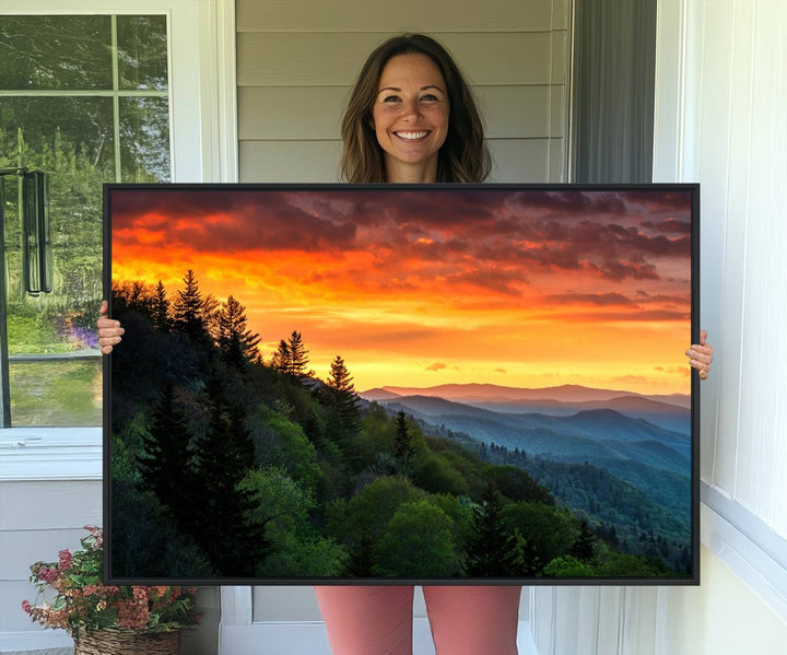 The Great Smoky Mountains Sunset Wall Art, a 3-panel print, beautifully captures natures beauty and is perfect for living room or office decor.