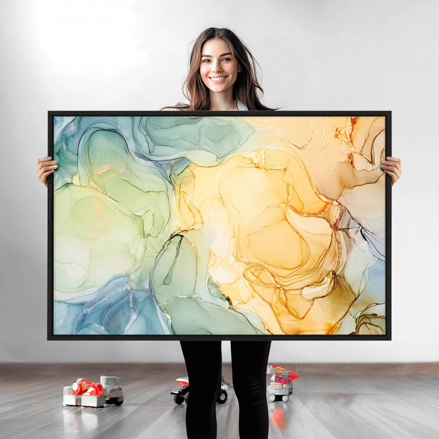 42195-MGV-CV-36X24-Green and Yellow Marble Fluid Effect Wall Art, Green and Yellow Marble Canvas Wall Art Print
