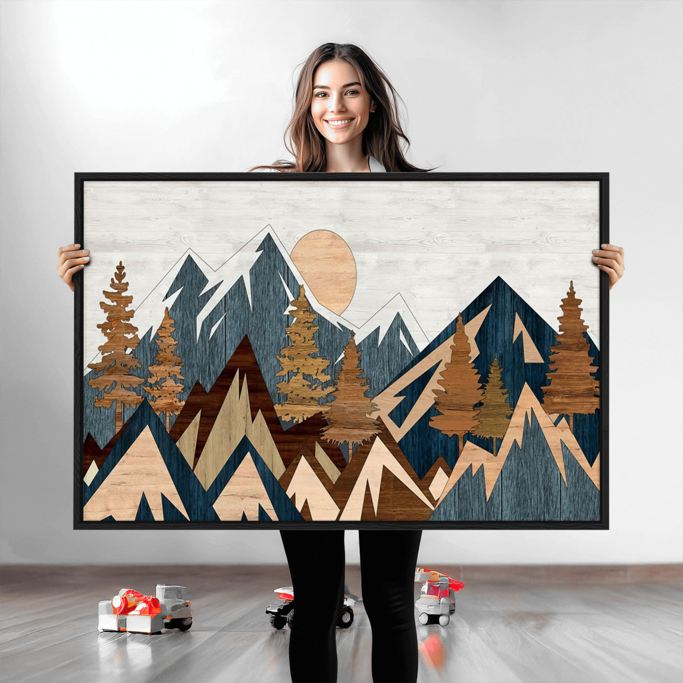 91467-MGV-CV-36X24-Abstract Wood Panel Effect Mountain Range Top Wall Art Canvas Print