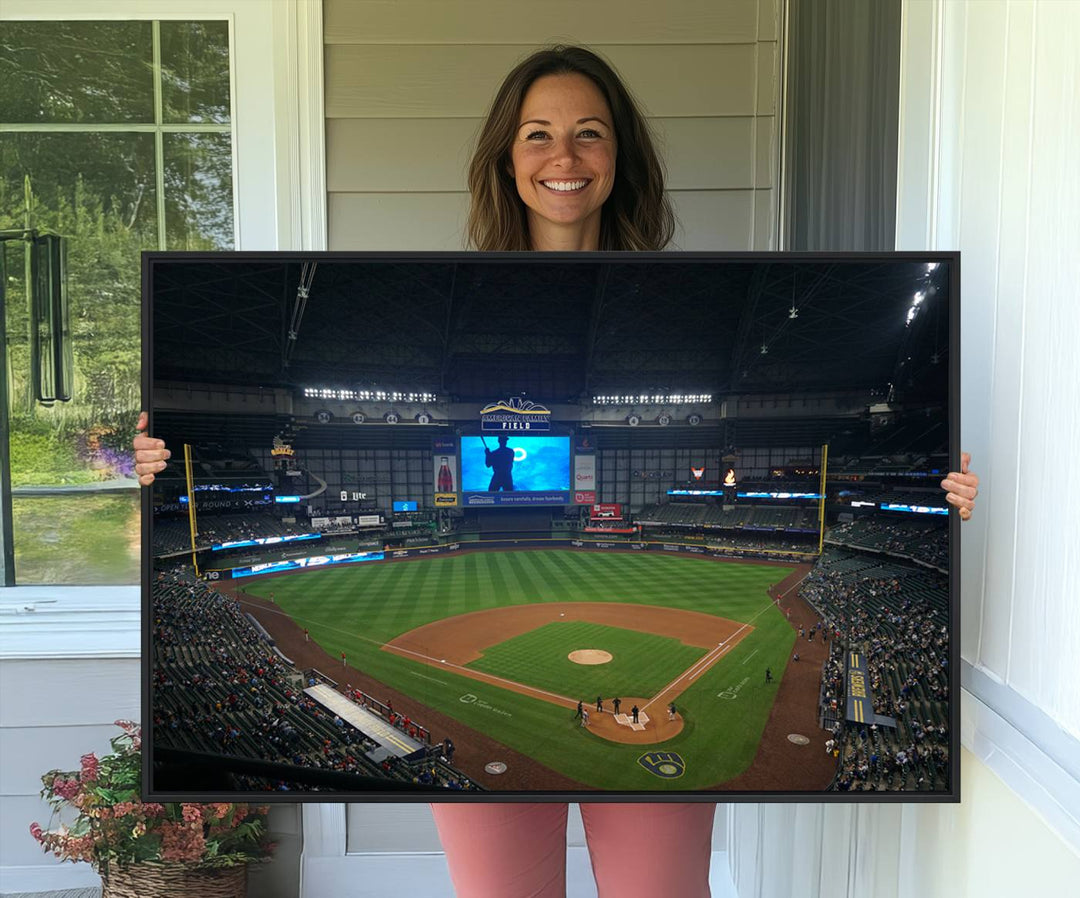 The Milwaukee Brewers stadium print on a green field stands out beautifully.