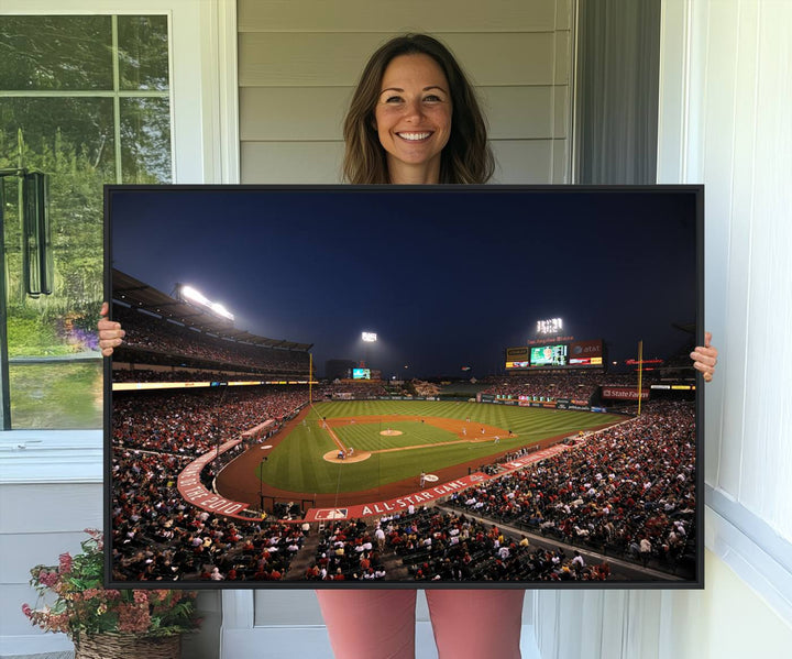 Aerial view of an LA Angels game at night, captured as stunning wall art on premium canvas, handmade in the USA.