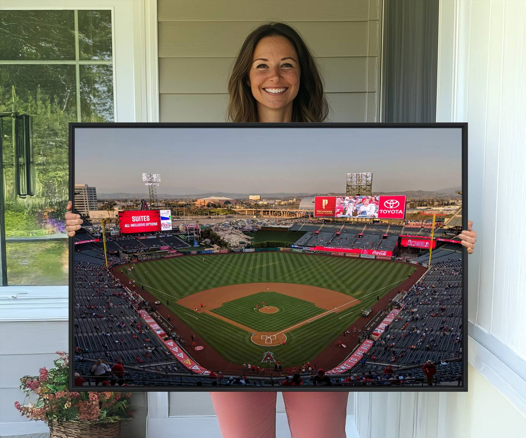 Aerial view of Angel Stadium, perfect as gallery-quality wall art - Los Angeles Angels Canvas Print.