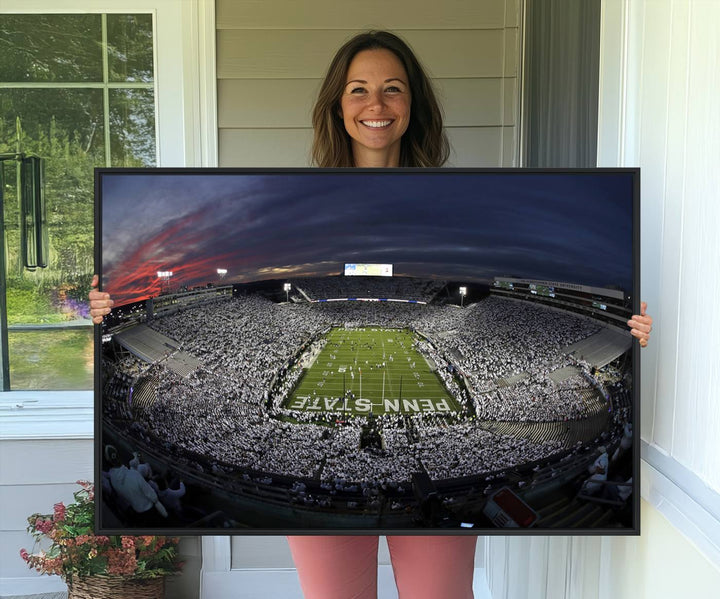 Canvas art capturing the packed Beaver Stadium at dusk, with Penn State emblazoned on the field and a sea of white-clad fans—true perfection.