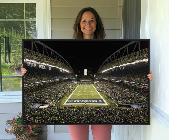 Handmade Seattle Seahawks Stadium Canvas Wall Art Print featuring an aerial view of Night football at CenturyLink Field marked Seahawks.