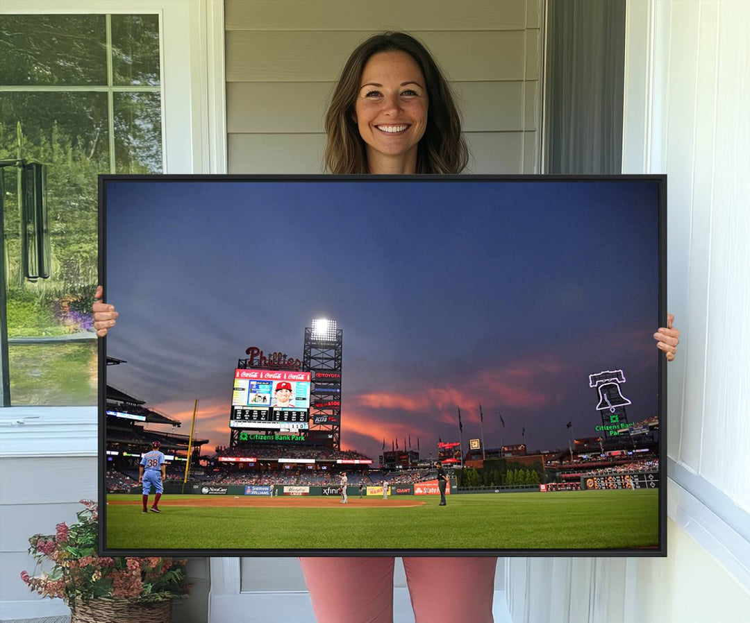 Philadelphia Phillies at sunset: Citizens Bank Park captured in a charming canvas wall art print.