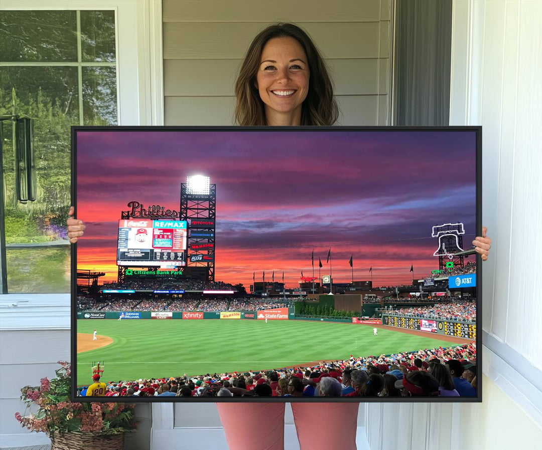 The Philadelphia Phillies canvas print showcases Citizens Bank Park at sunset with a crowd and scoreboard.