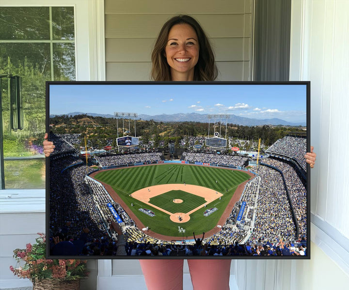 Aerial view of Dodger Stadium captured in gallery-quality on a Dodgers wall art canvas.