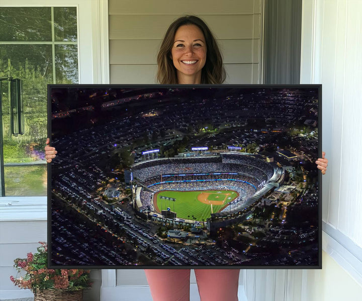 Aerial view of a lit stadium at night, featuring the Los Angeles Dodgers Dodger Stadium Wall Art.