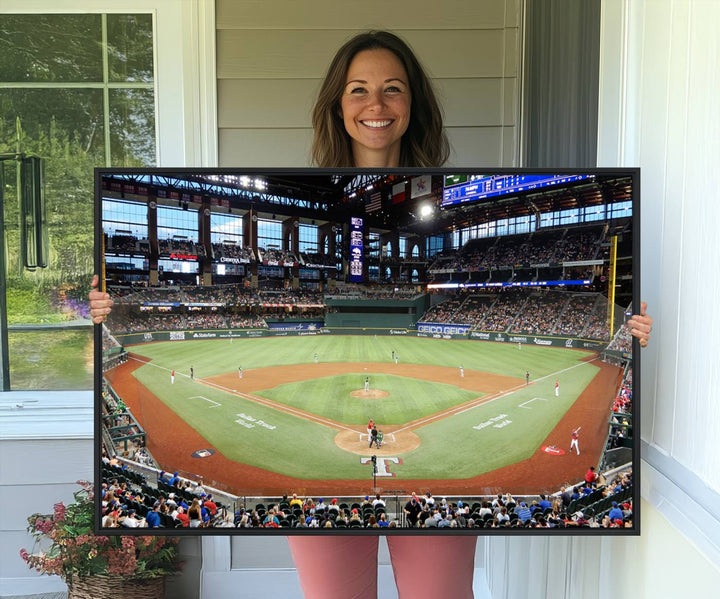 Admire the Texas Rangers Wall Art showcasing Globe Life Fields covered stadium and its lively crowd.