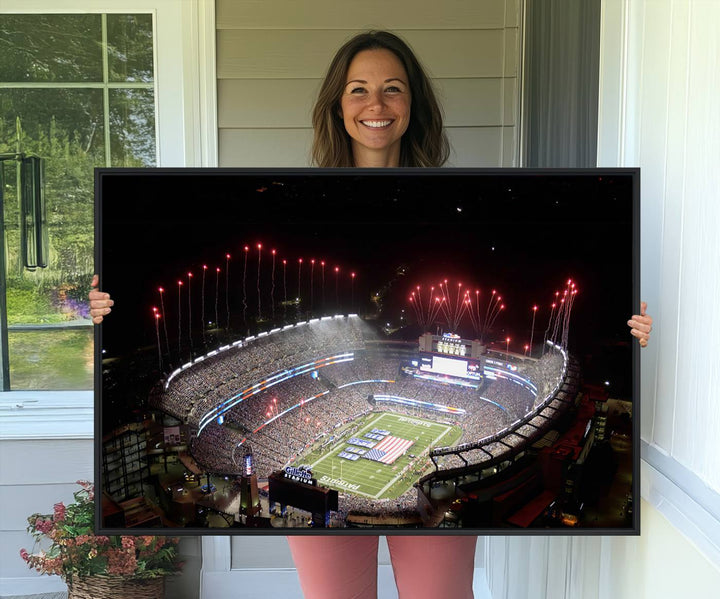 Aerial view of Gillette Stadium with fireworks and flag—ideal for a New England Patriots canvas print.