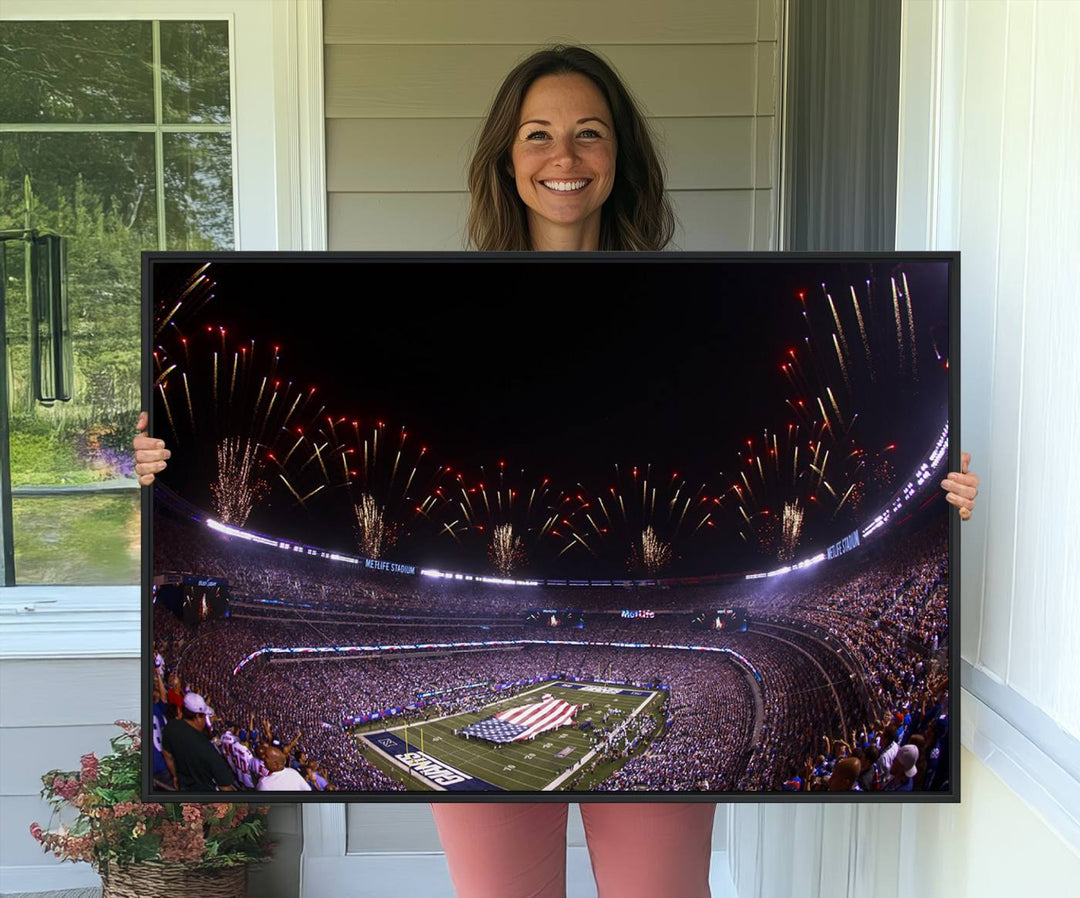 A vibrant wall art piece in MetLife Stadium features a stunning American flag design, capturing the spirited atmosphere of game day.