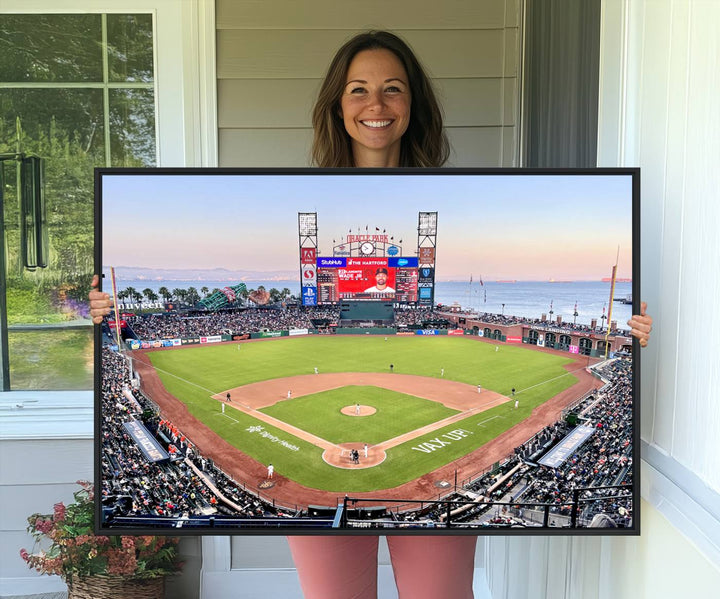 Gallery-quality canvas print of Oracle Park Stadium showcasing a waterfront view from behind home plate.